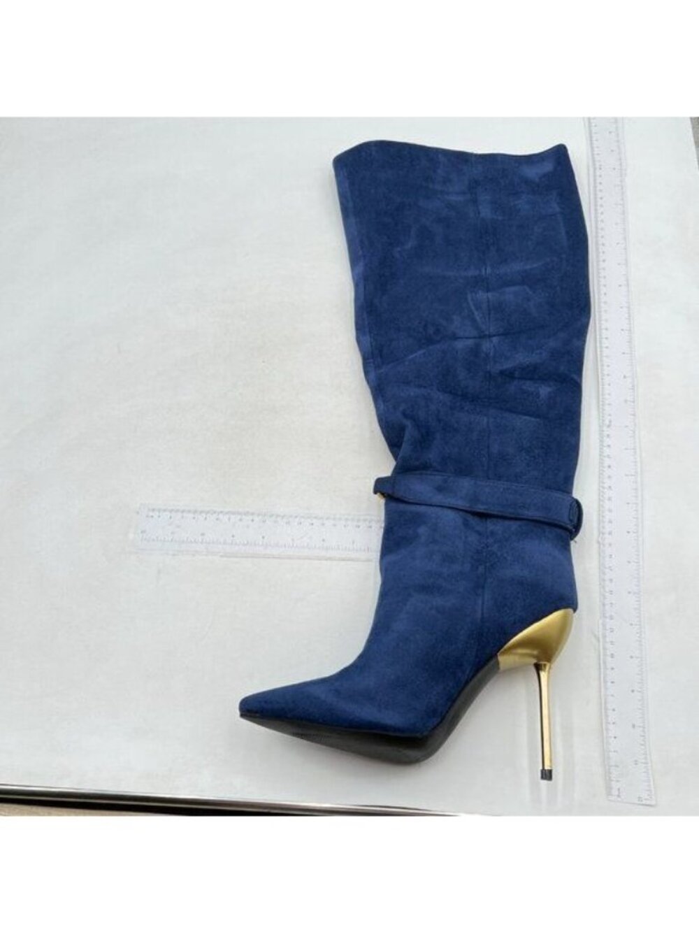 Womens Knee High Boots Stiletto Heels Suede Pointed Toe Metal Heel Winter Blue